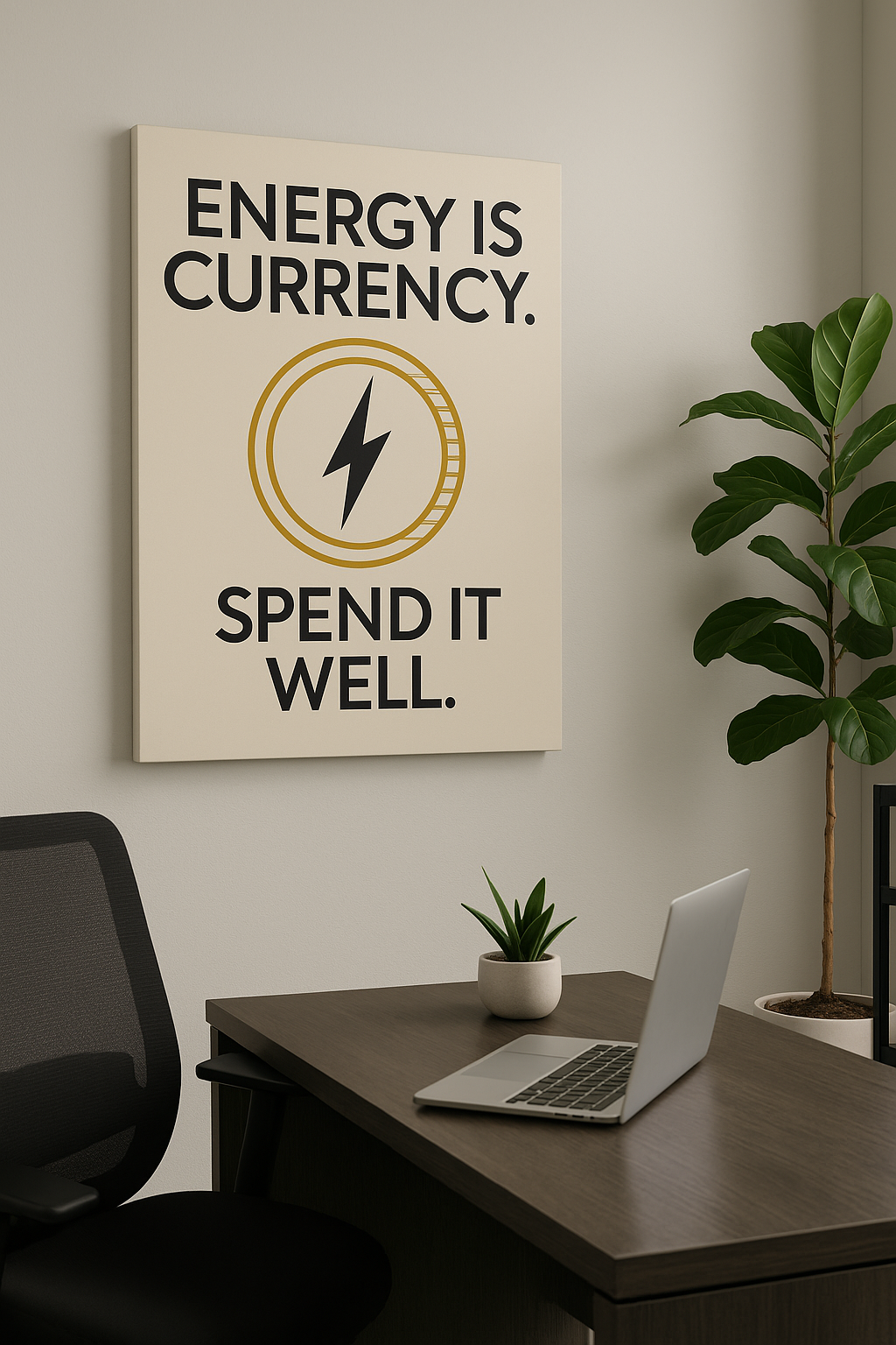 Energy Is Currency Wall Art – Motivational artwork styled in a modern office corner with plant and chair.