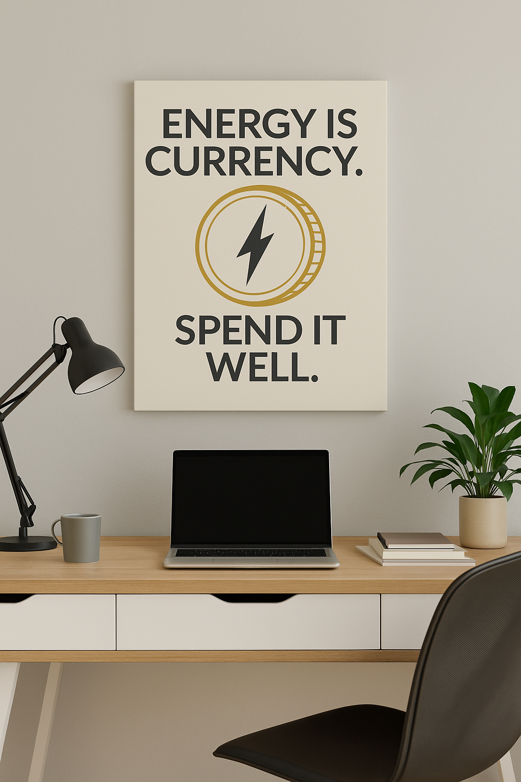Energy Is Currency Wall Art – Inspirational framed print above a desk with lamp and computer.