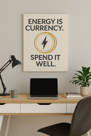 Energy Is Currency Wall Art – Inspirational framed print above a desk with lamp and computer.