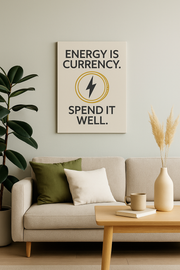  Energy Is Currency Wall Art – Motivational canvas displayed in a cozy living room with sofa and greenery.