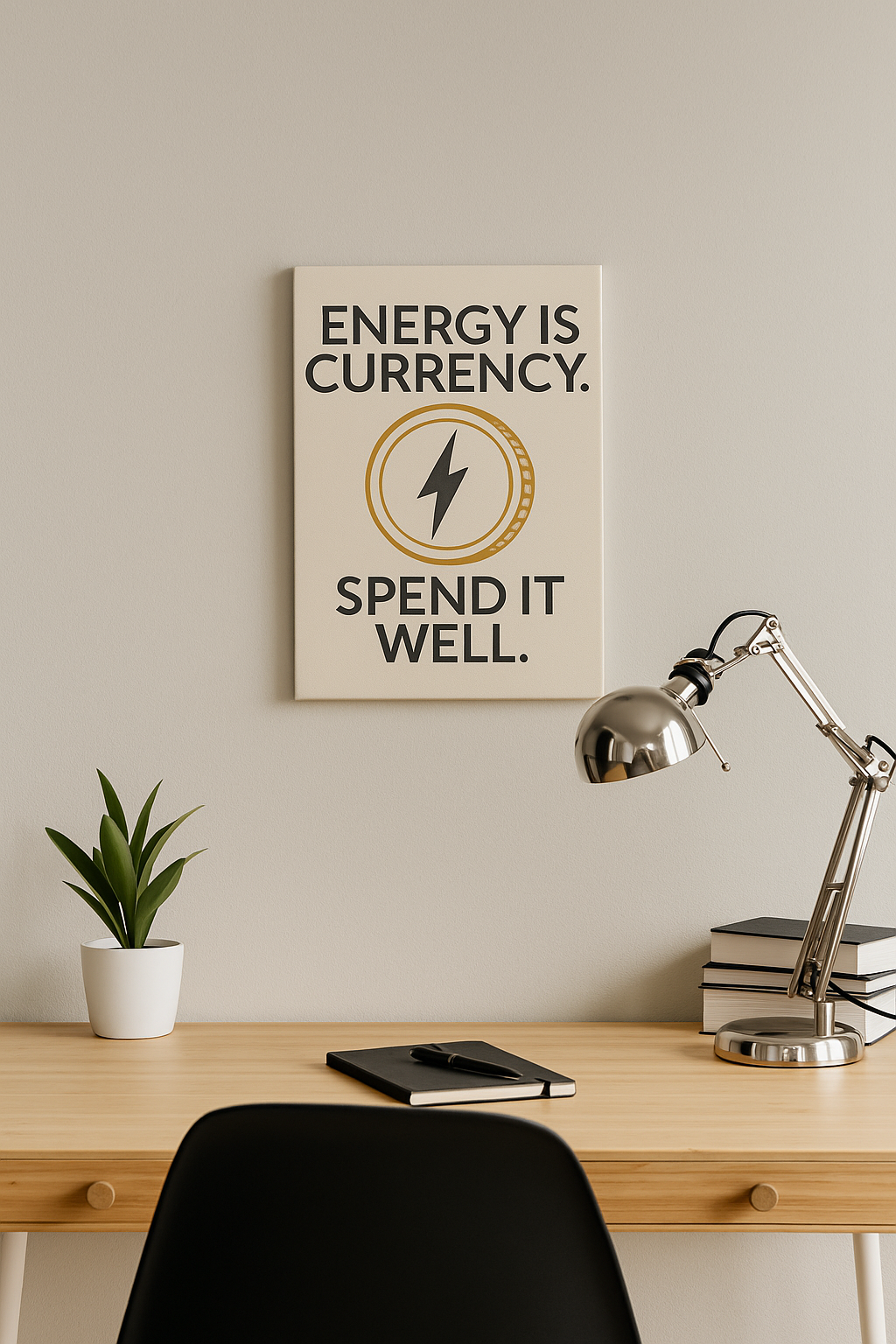Energy Is Currency Wall Art – Inspirational wall decor above a minimalist desk with lamp and plant.