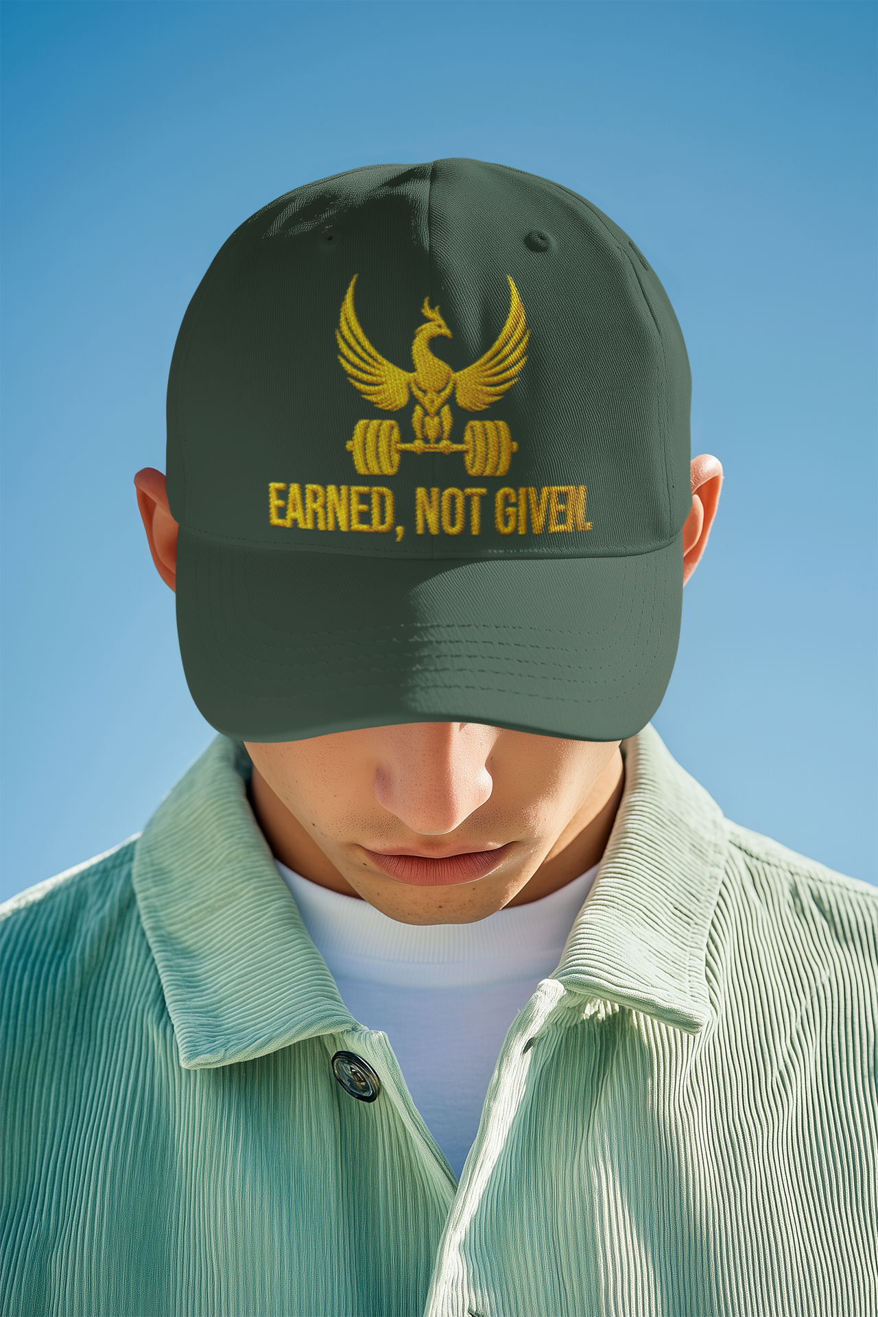 Embroidered Dad Hat Earned Not Given – Green unisex cap with golden embroidery styled by man against blue background.