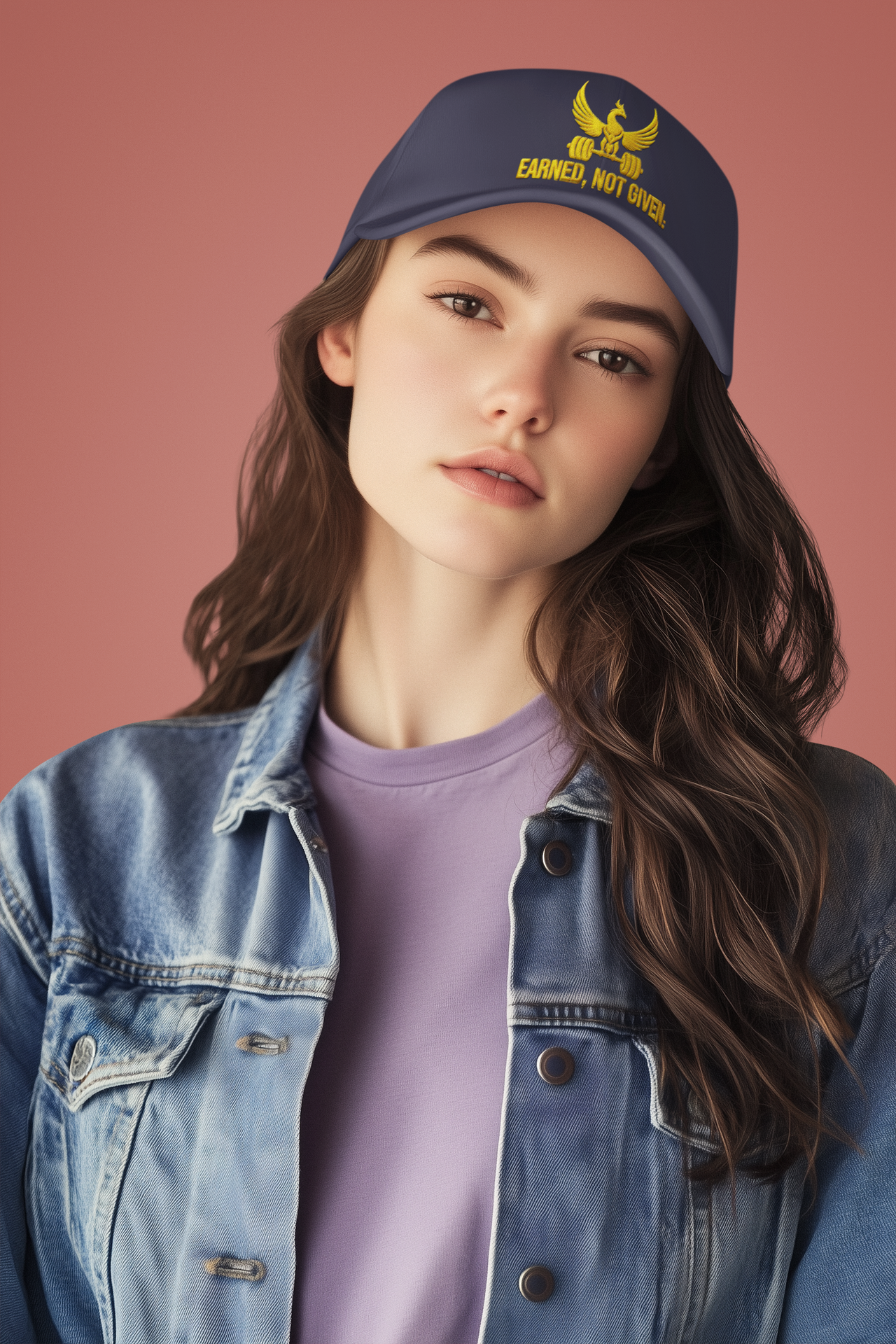 Embroidered Dad Hat Earned Not Given – Black motivational cap with golden embroidery worn by woman in denim jacket.