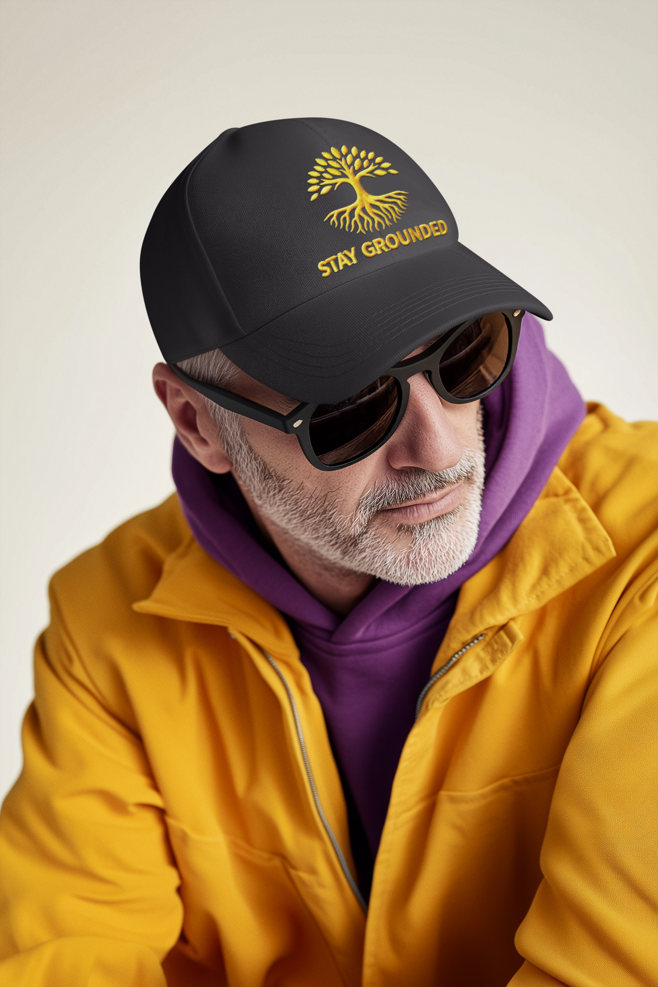 Embroidered Dad Hat Stay Grounded – Black motivational cap with yellow embroidery worn by man in yellow jacket.