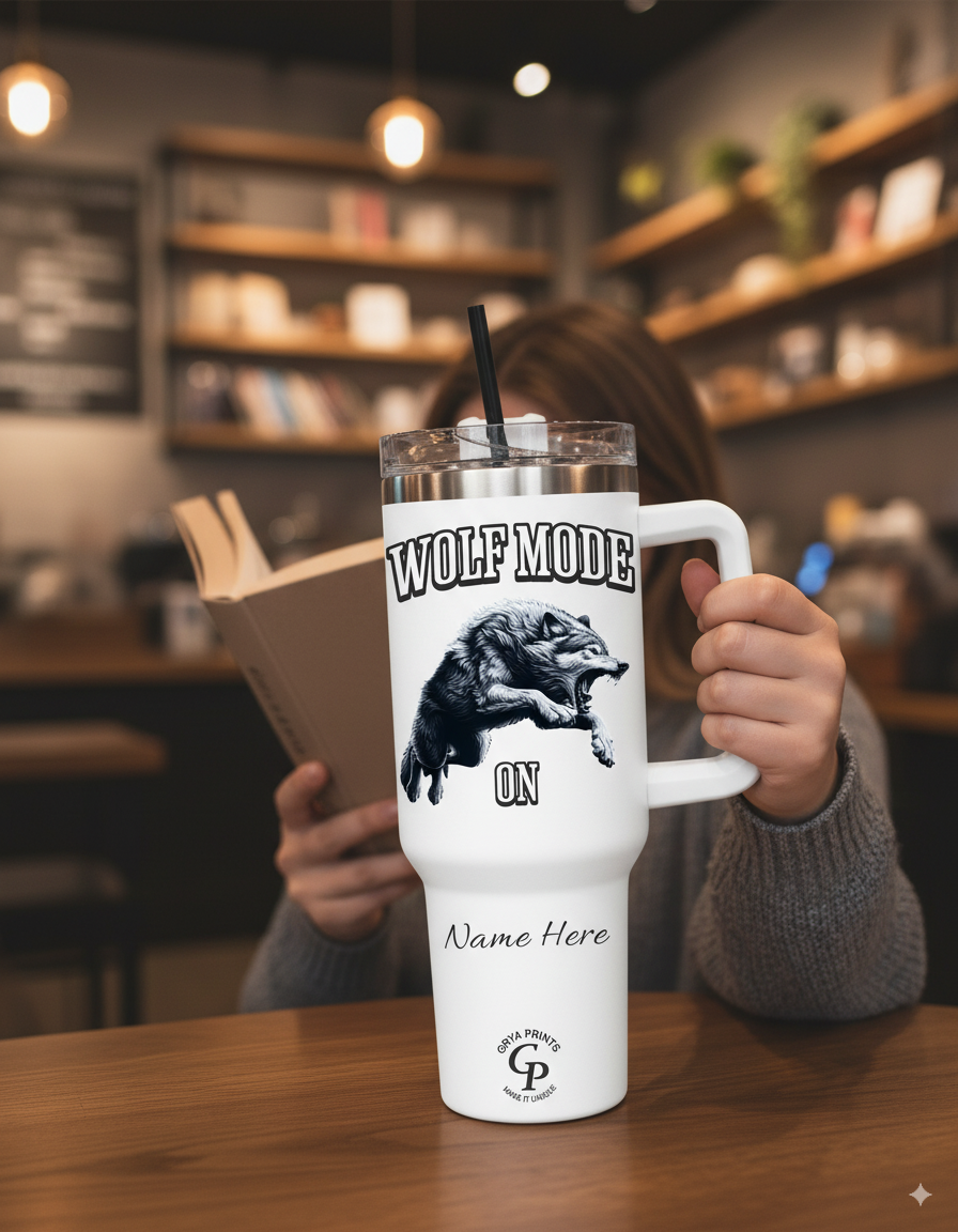 Coffee shop scene with a customer enjoying a Personalized Tumbler Wolf Mode.