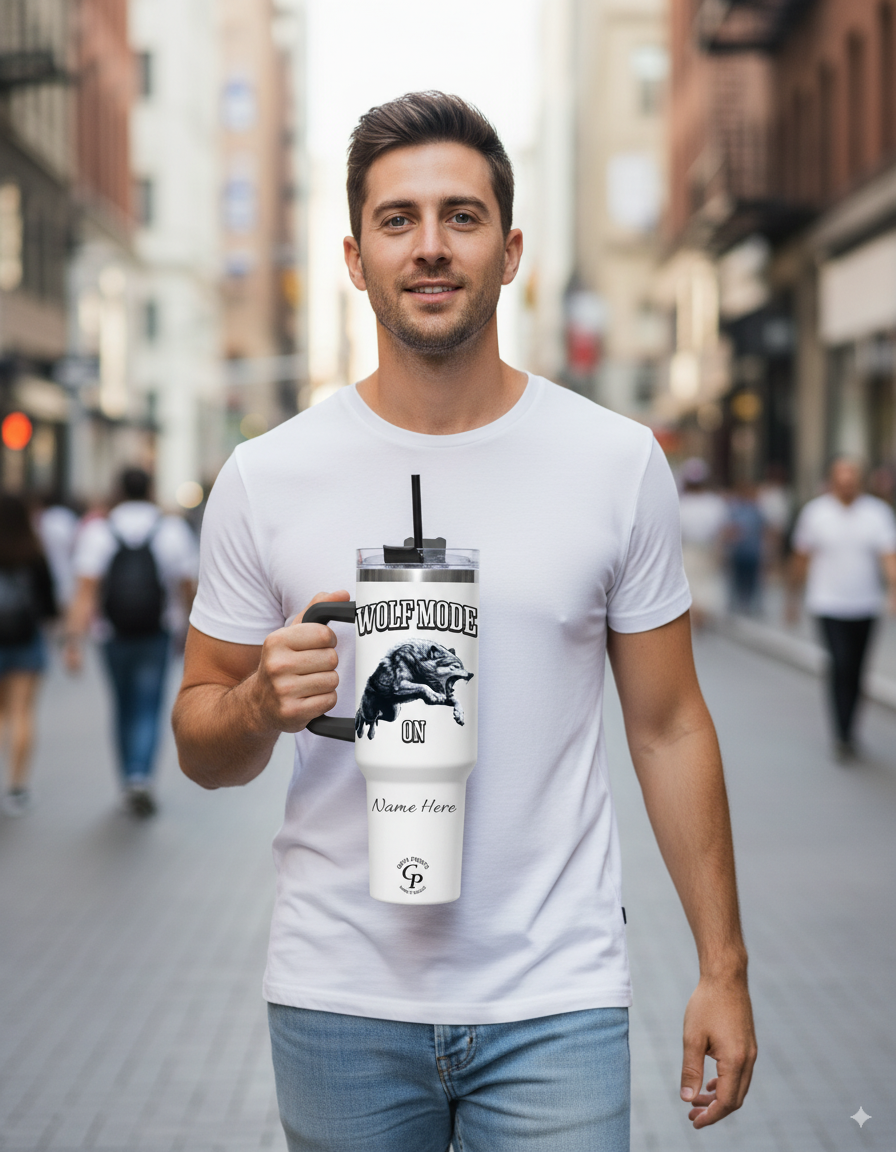 Man walking in the city holding a Personalized Tumbler Wolf Mode.