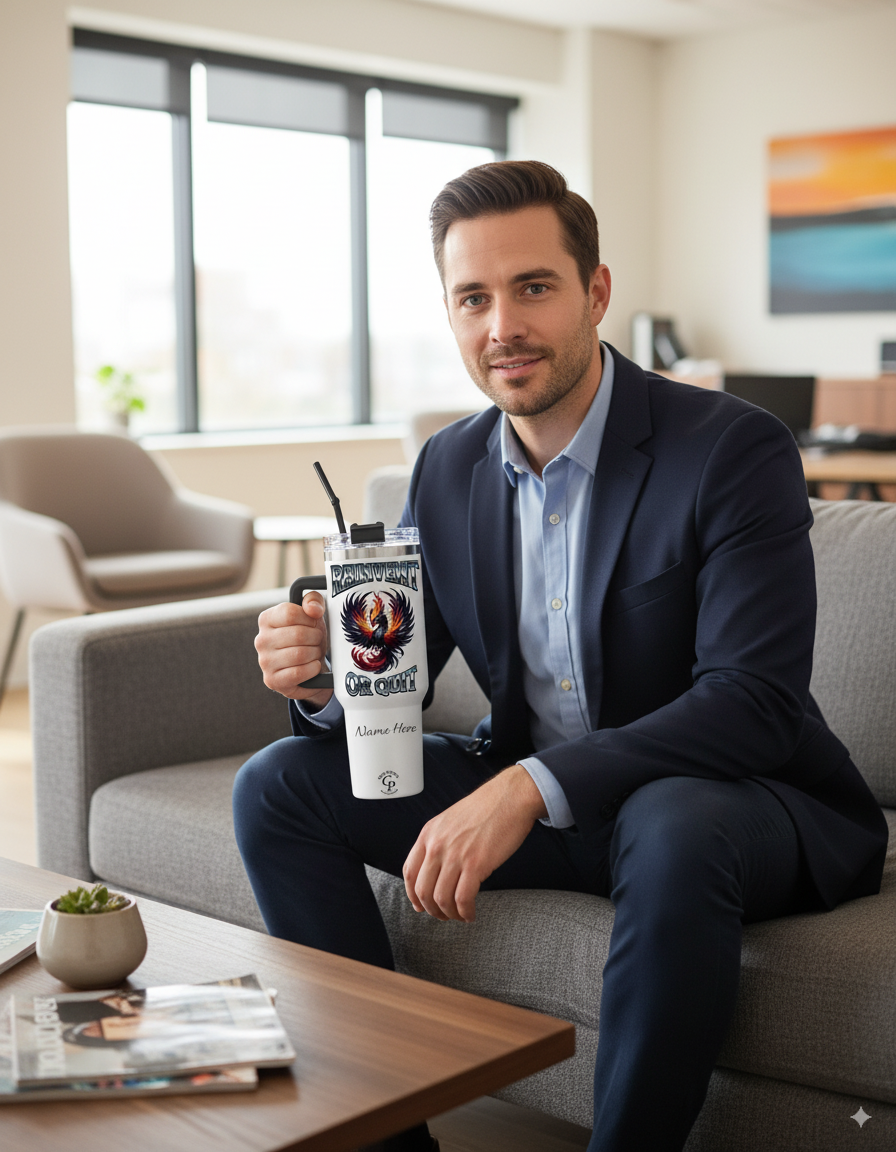 Businessman sitting in office holding a Personalized Tumbler Phoenix Reinvent or Quit.