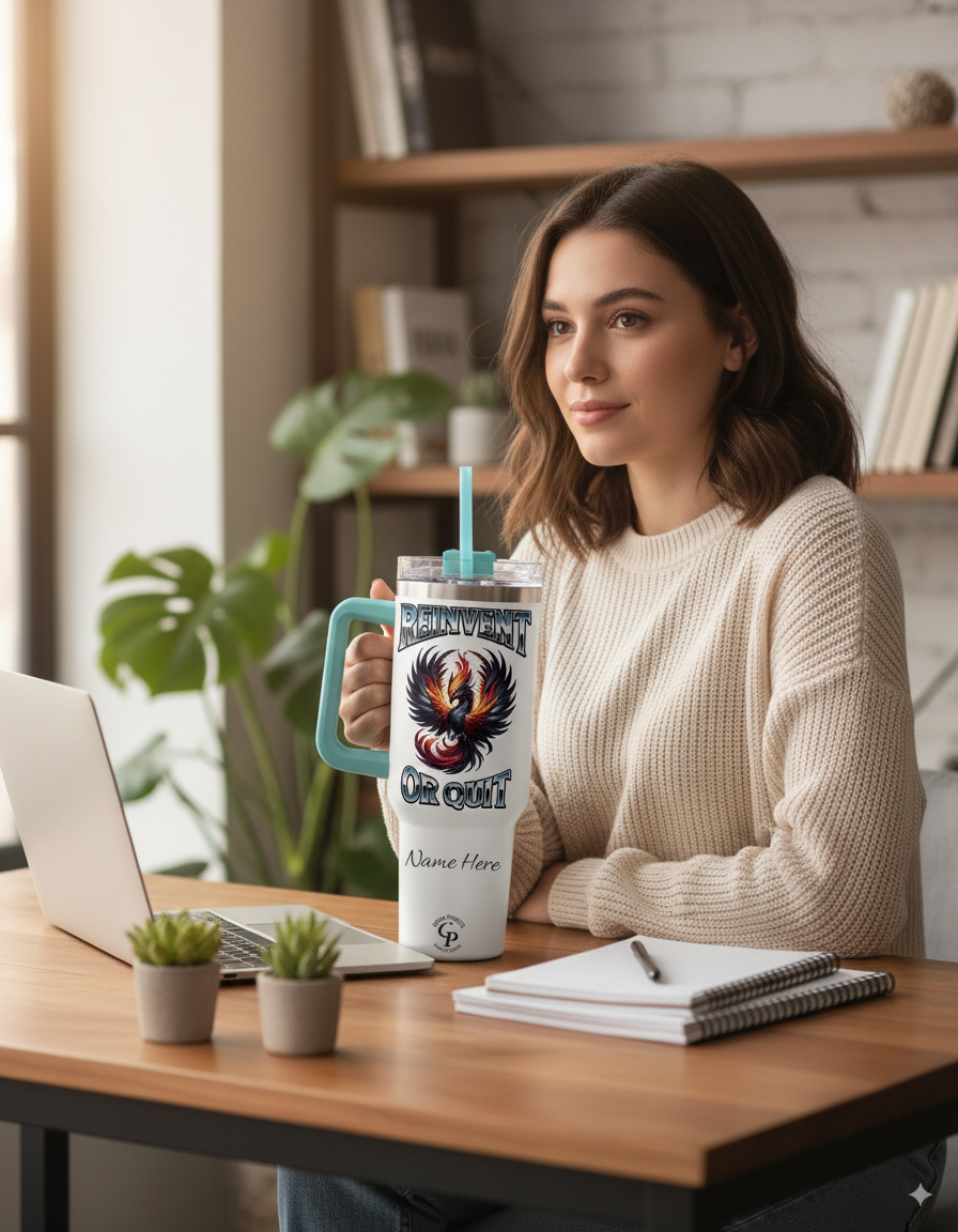 Woman working from home with a Personalized Tumbler Phoenix Reinvent or Quit on her desk.
