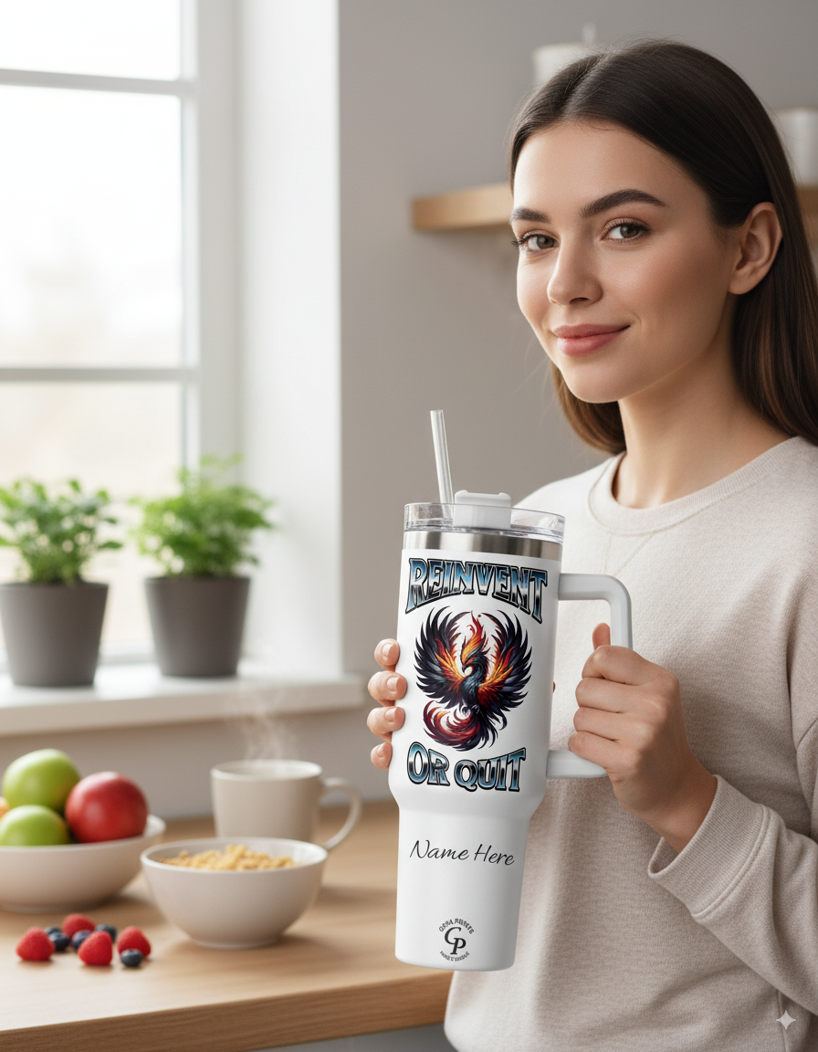 Woman in modern kitchen holding a Personalized Tumbler Phoenix Reinvent or Quit beside fresh fruits.