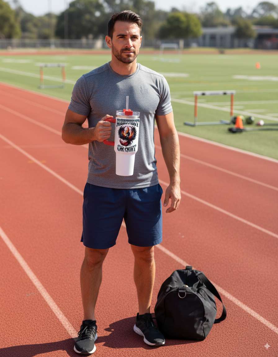 Athlete on running track carrying a Personalized Tumbler Phoenix Reinvent or Quit after training.