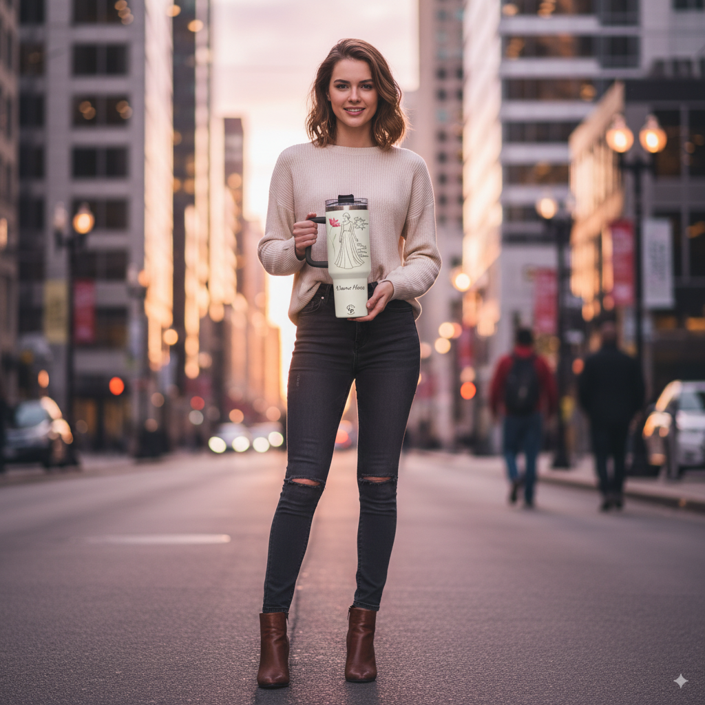 Stylish woman holding a Personalized Tumbler for Queens Rise and Shine in an urban street setting.