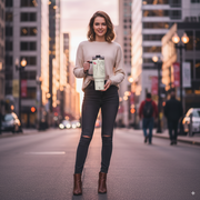 Stylish woman holding a Personalized Tumbler for Queens Rise and Shine in an urban street setting.