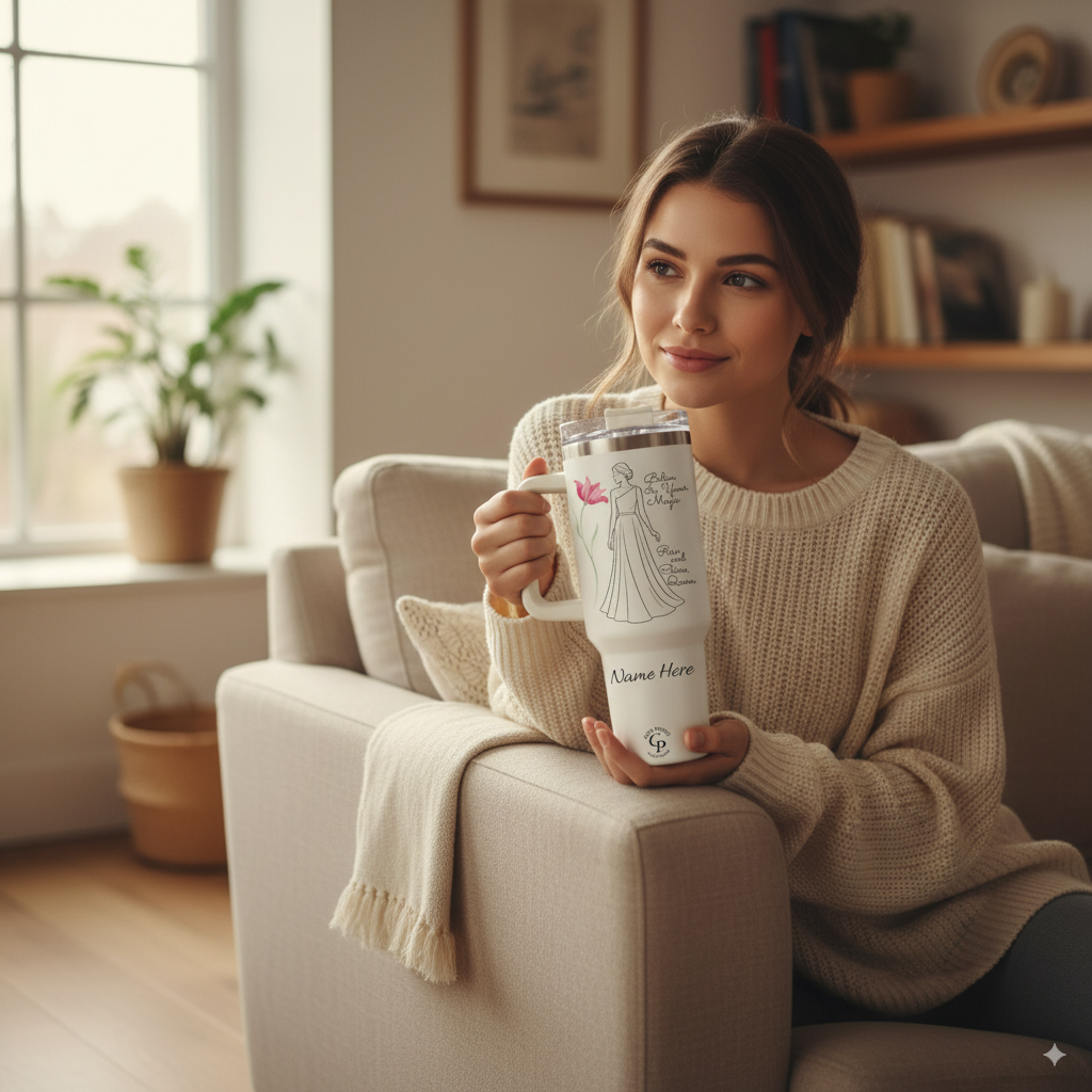 Relaxed woman enjoying coffee with her Personalized Tumbler for Queens Rise and Shine at home.