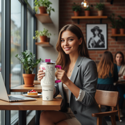 Young woman sitting in a café with her Personalized Tumbler for Queens Rise and Shine on the table.