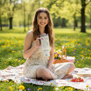 Smiling woman outdoors on a picnic holding a Personalized Tumbler for Queens Rise and Shine.