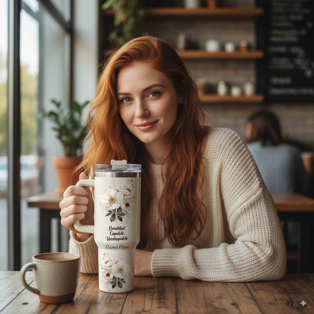 Personalized Tumbler Beautiful Capable Unstoppable held by smiling woman indoors with coffee