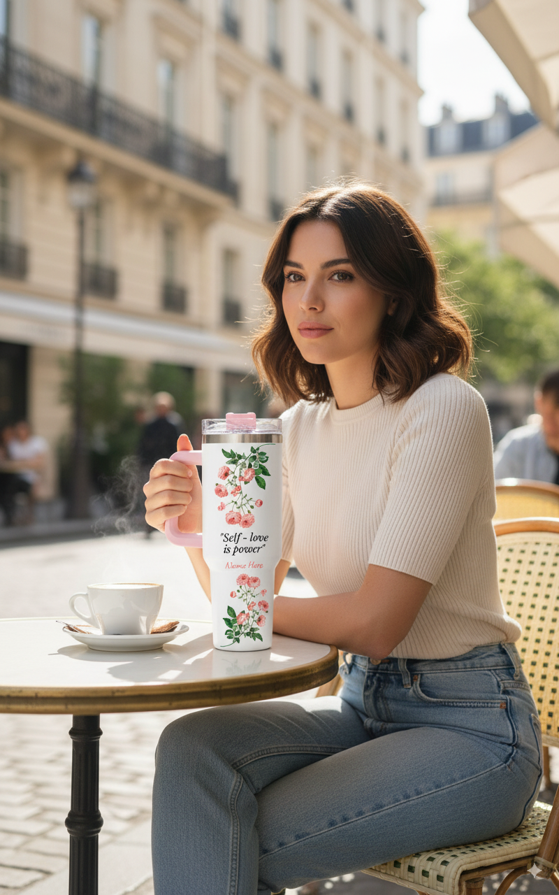 Personalized Tumbler Self Love Is Power held by woman enjoying coffee outdoors
