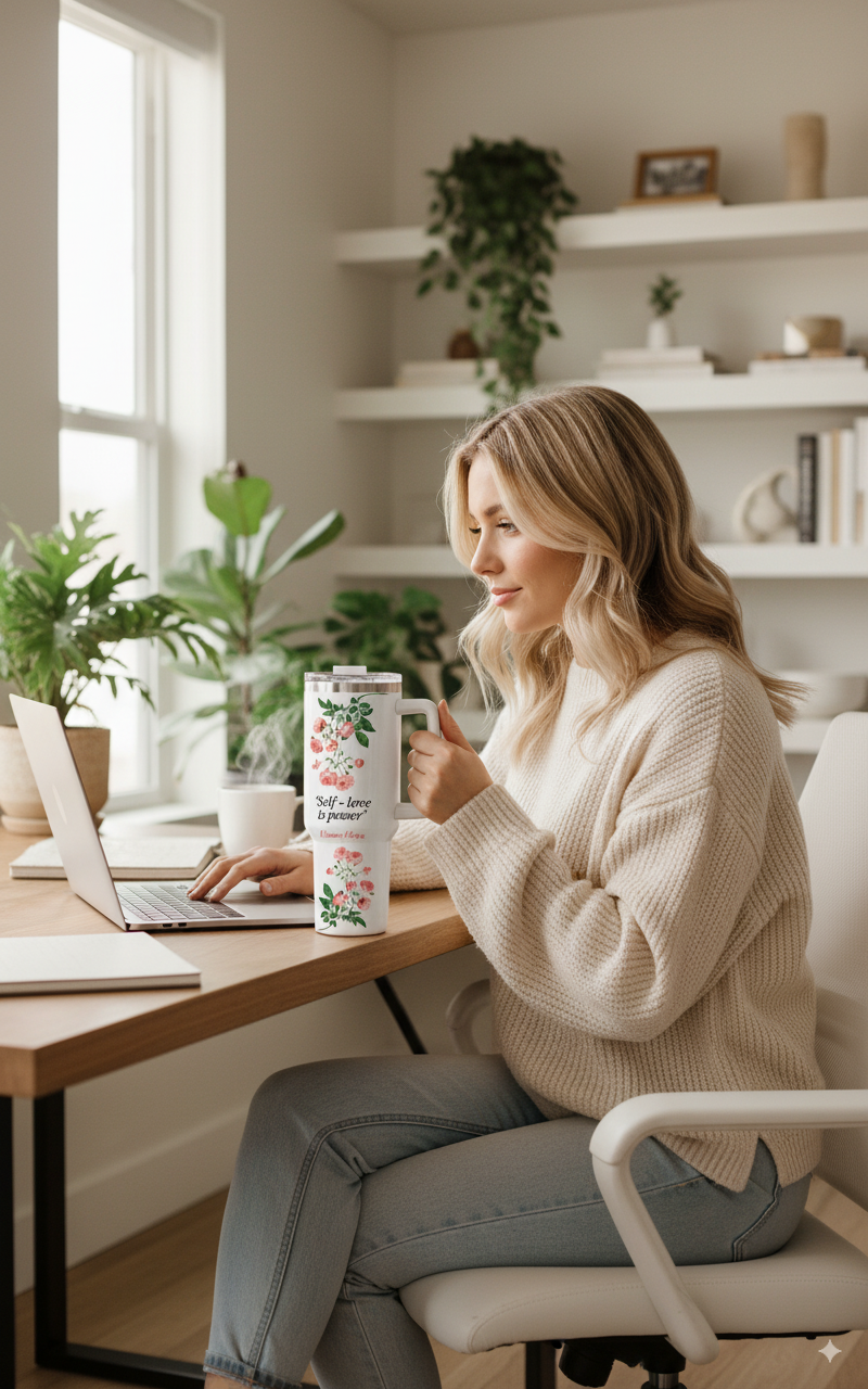 Personalized Tumbler Self Love Is Power on desk beside woman working at home