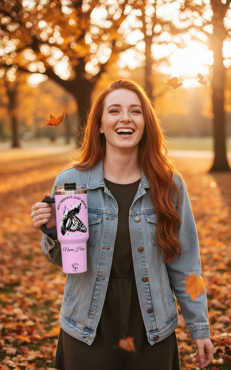 Smiling woman in autumn park holding her Personalized Tumbler Not Perfect Just Brave.
