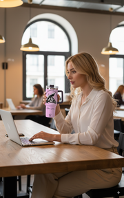 Woman working at desk with her Personalized Tumbler Not Perfect Just Brave beside laptop.