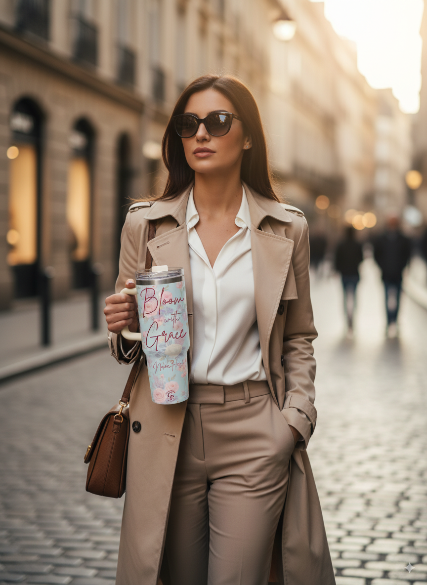 Woman walking confidently in the city holding a Personalized Tumbler Bloom with Grace.