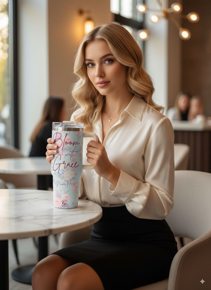 Woman enjoying coffee break at café with her Personalized Tumbler Bloom with Grace
