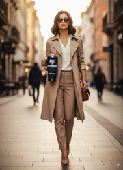 Woman walking confidently with Personalized Tumbler Built By Yesterday in city street