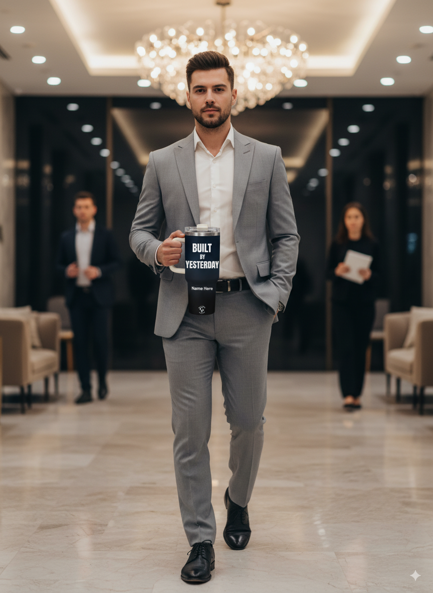 Smiling man celebrating with Personalized Tumbler Built By Yesterday inside mall