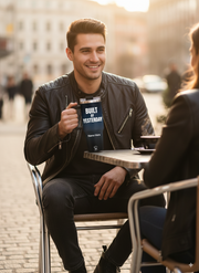 Man in business attire holding Personalized Tumbler Built By Yesterday outdoors