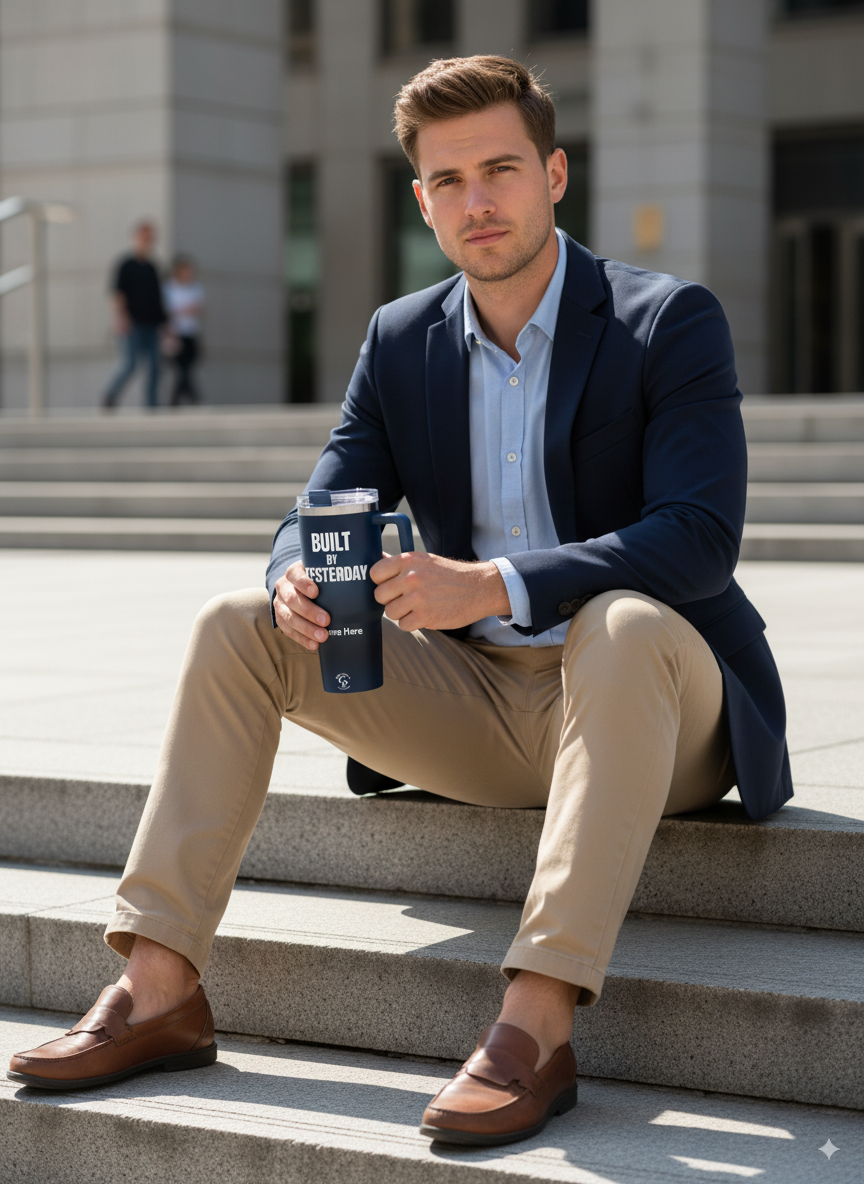 Casual man sitting on steps with Personalized Tumbler Built By Yesterday in hand