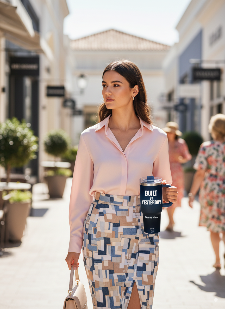 Woman walking confidently outdoors holding a Personalized Tumbler Built By Yesterday in her hand, stylish streetwear fashion.