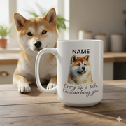 Personalized Pet Mug featuring a custom pet portrait and text, with a dog watching in the background.