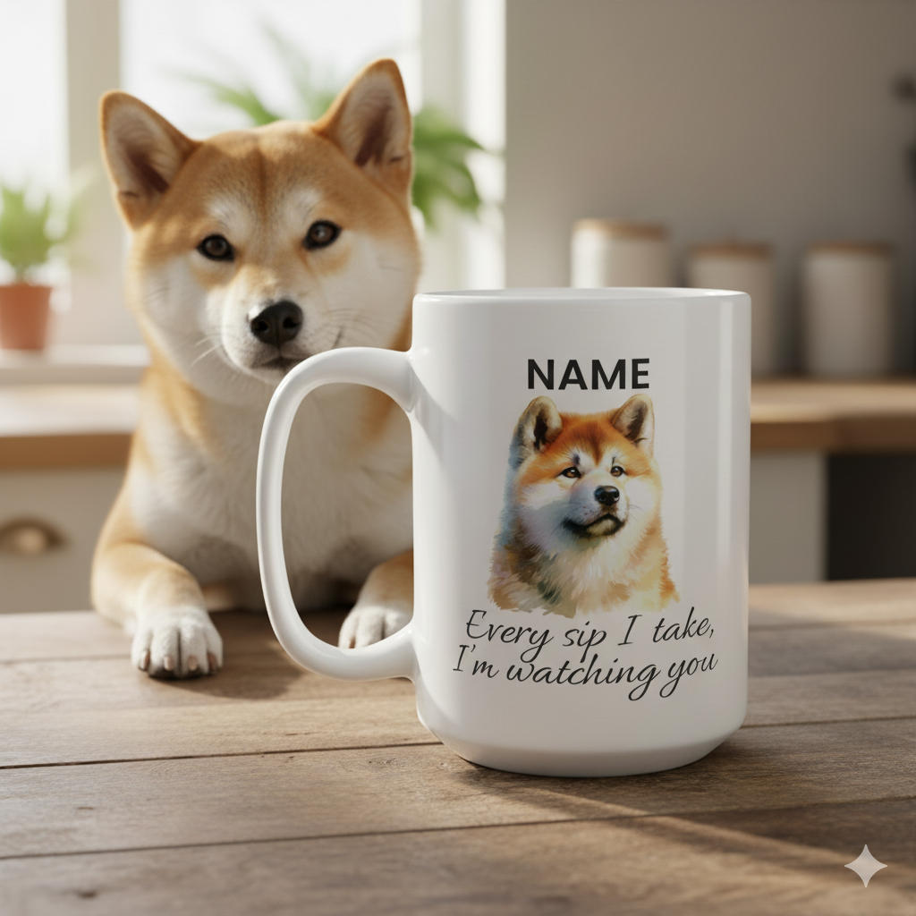 Personalized Pet Mug featuring a custom pet portrait and text, with a dog watching in the background.
