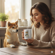 Personalized Pet Mug displayed with a woman and her dog, showcasing a custom pet portrait and name.