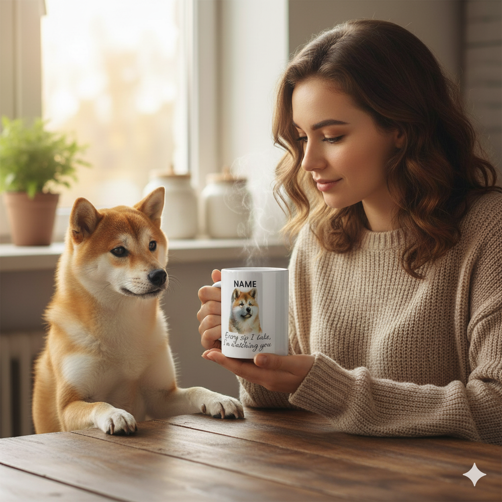 Personalized Pet Mug displayed with a woman and her dog, showcasing a custom pet portrait and name.