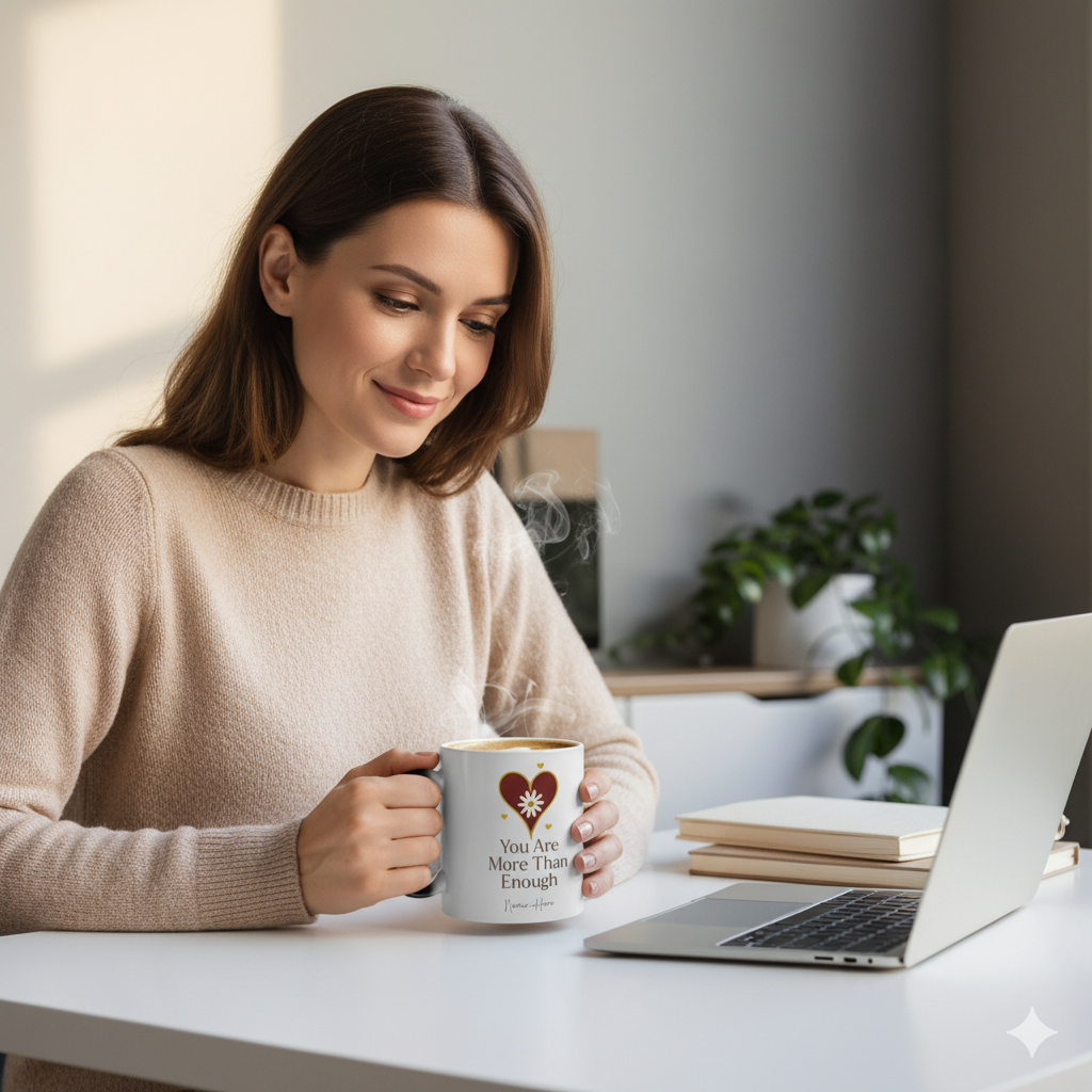 A woman enjoying coffee from a Heat Reveal Mug You Are More Than Enough while working on her laptop.