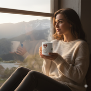 Woman enjoying a warm drink from a Heat Reveal Mug You Are More Than Enough, with a scenic view.