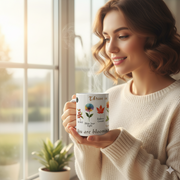 Floral Ceramic Mug Bloom In Your Own Time held by a woman gazing out a window, featuring motivational phrases and floral designs.