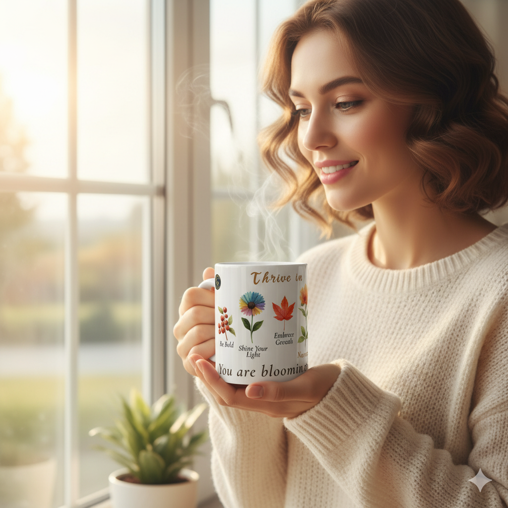 Floral Ceramic Mug Bloom In Your Own Time held by a woman gazing out a window, featuring motivational phrases and floral designs.