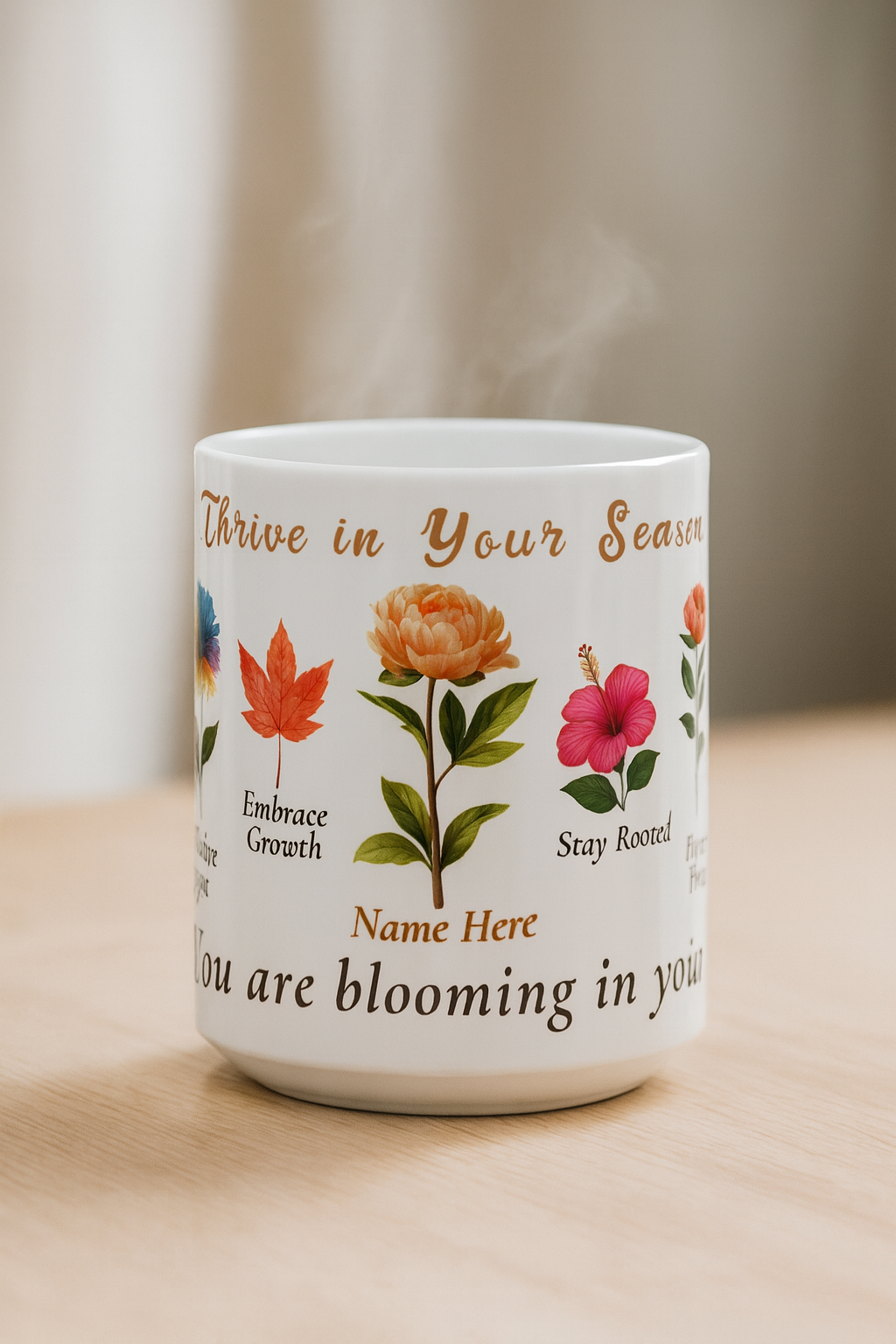 Floral Ceramic Mug Bloom In Your Own Time with inspiring flowers and motivational phrases, perfect for warm beverages.