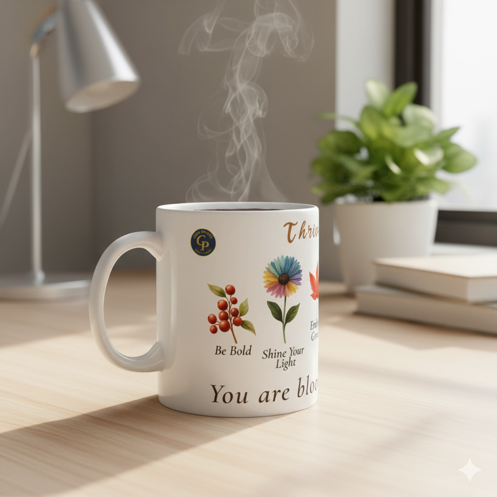 A Floral Ceramic Mug Bloom In Your Own Time featuring motivational phrases and floral designs, with steam rising from a hot drink.