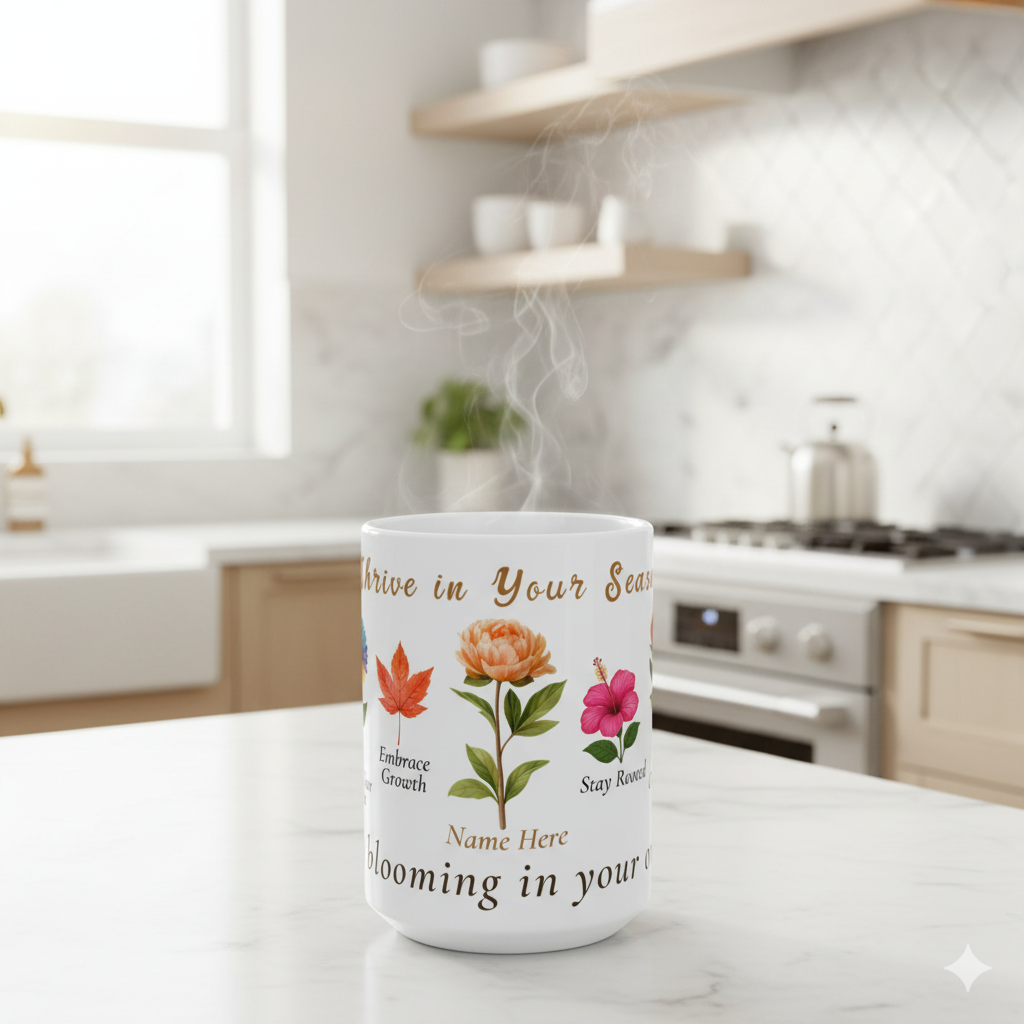 Floral Ceramic Mug Bloom In Your Own Time with motivational phrases and delicate floral design, steaming, on a kitchen counter.