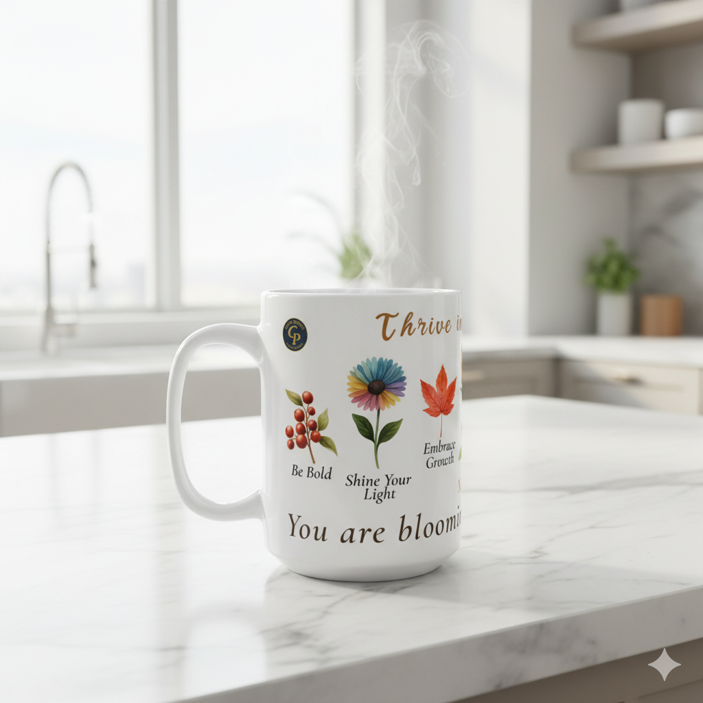 Floral Ceramic Mug Bloom In Your Own Time with motivational phrases and floral design on a kitchen counter.