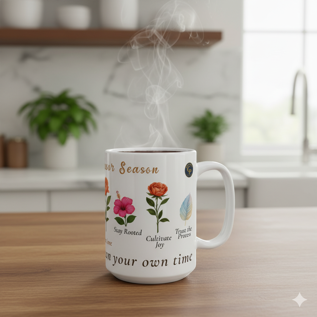 Floral Ceramic Mug Bloom In Your Own Time with inspirational phrases and floral designs, perfect for coffee or tea.