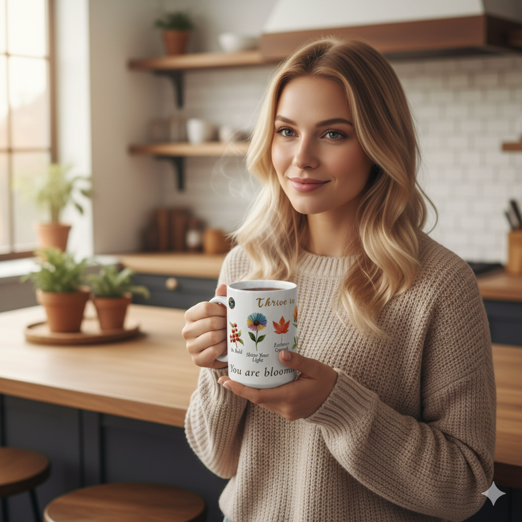 Floral Ceramic Mug Bloom In Your Own Time held by a woman in a cozy kitchen, showcasing inspirational phrases and floral design.