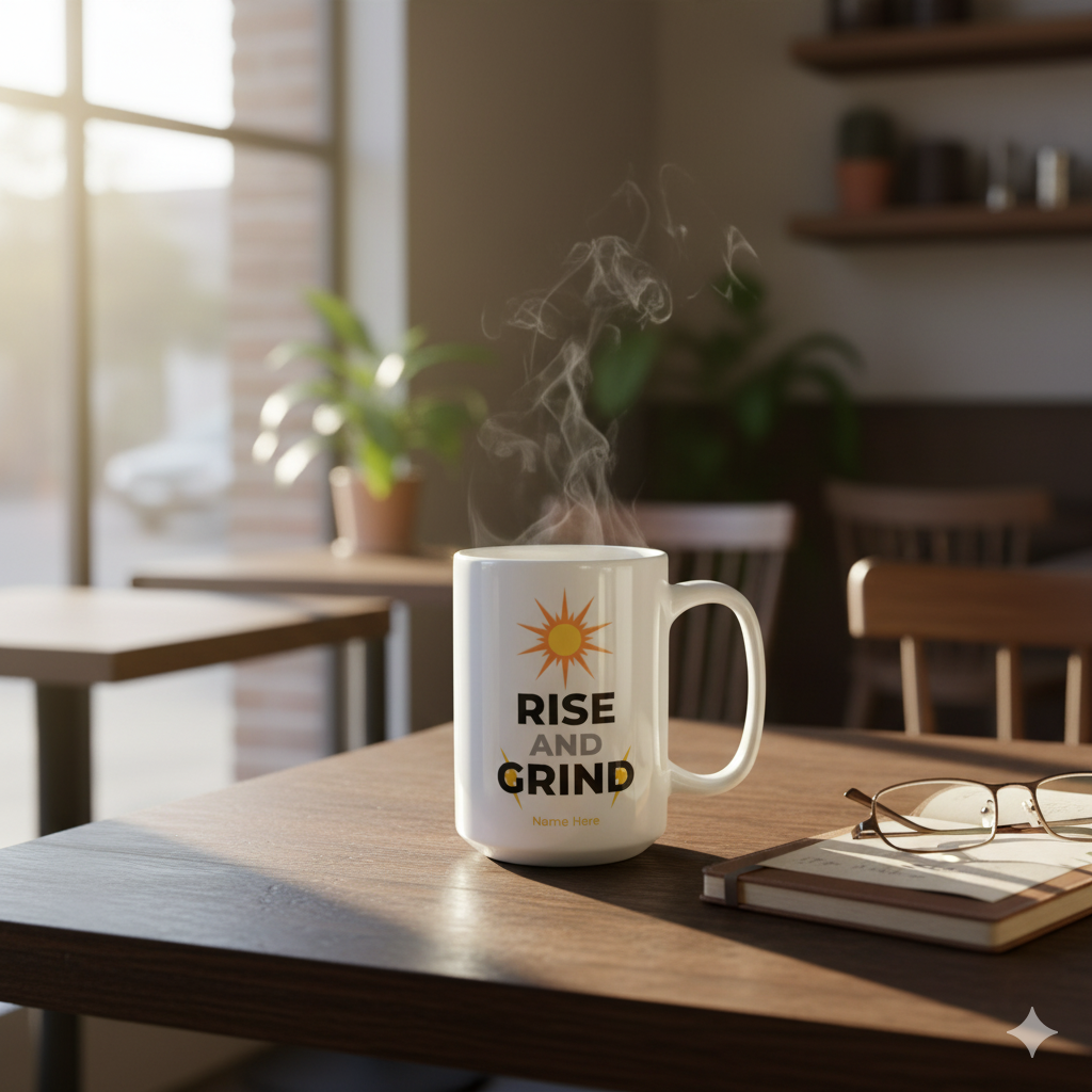 Motivational Rise and Grind Mug on a table with steam rising, perfect for morning coffee and inspiration.