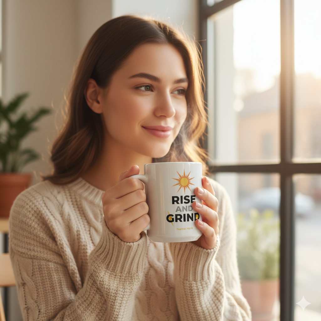 A woman holding a Motivational Rise and Grind Mug while enjoying morning coffee in a sunlit room.