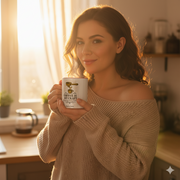 A woman holding a coffee is my craft mug in a sunlit kitchen, celebrating her love for coffee.