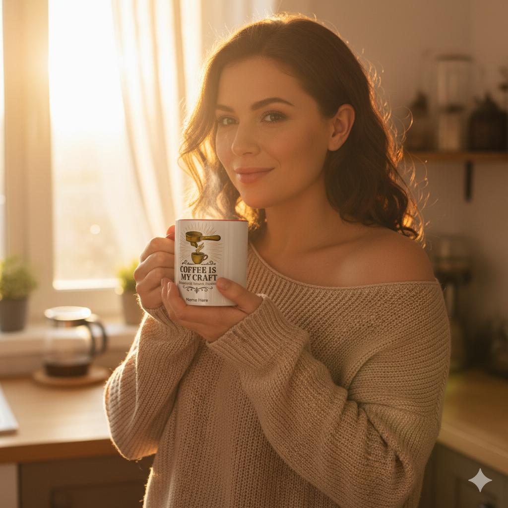 A woman holding a coffee is my craft mug in a sunlit kitchen, celebrating her love for coffee.
