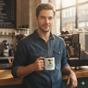 Man holding a personalized coffee is my craft mug in a stylish coffee shop setting.